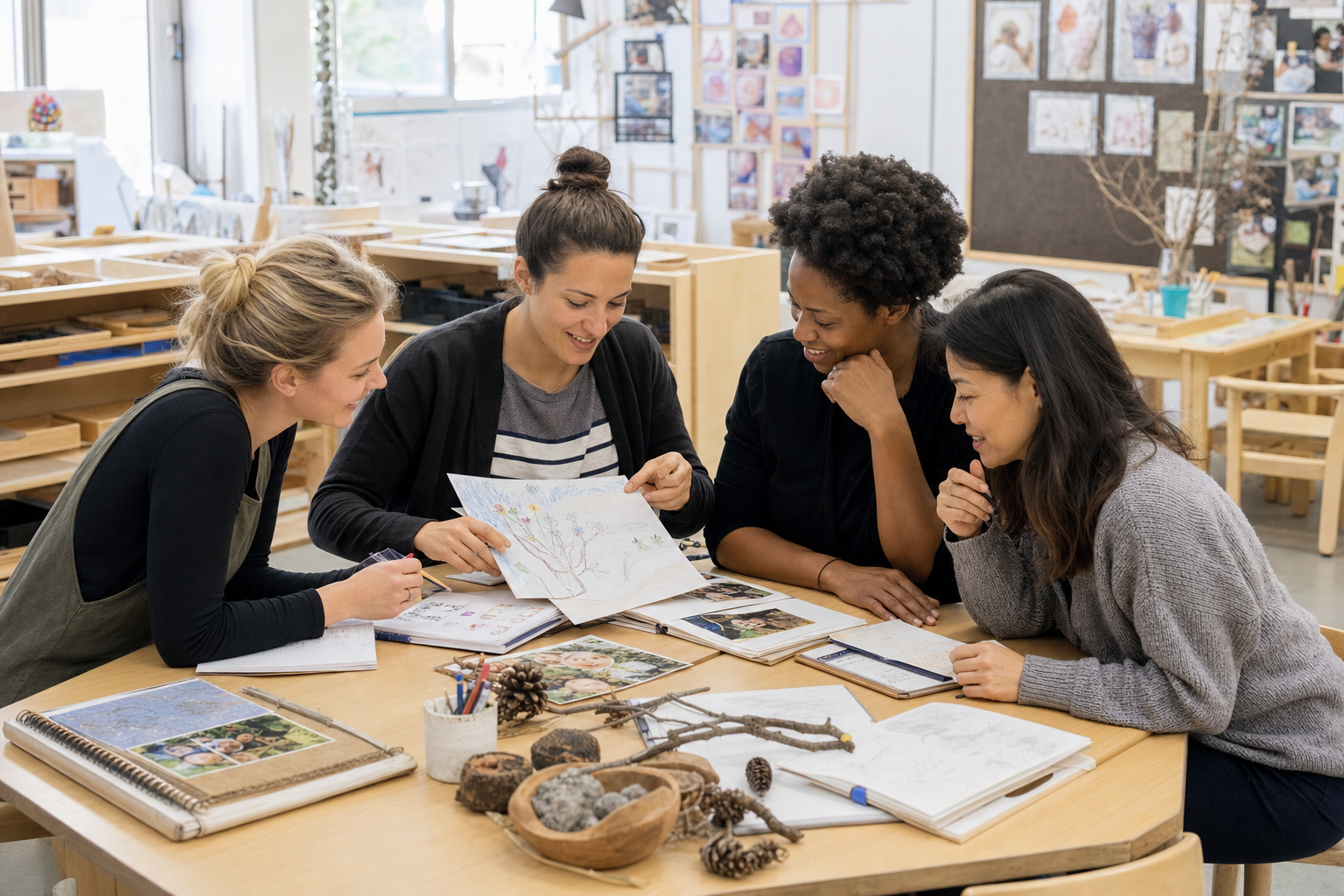 Preschool educators collaborating around child documentation and natural materials
